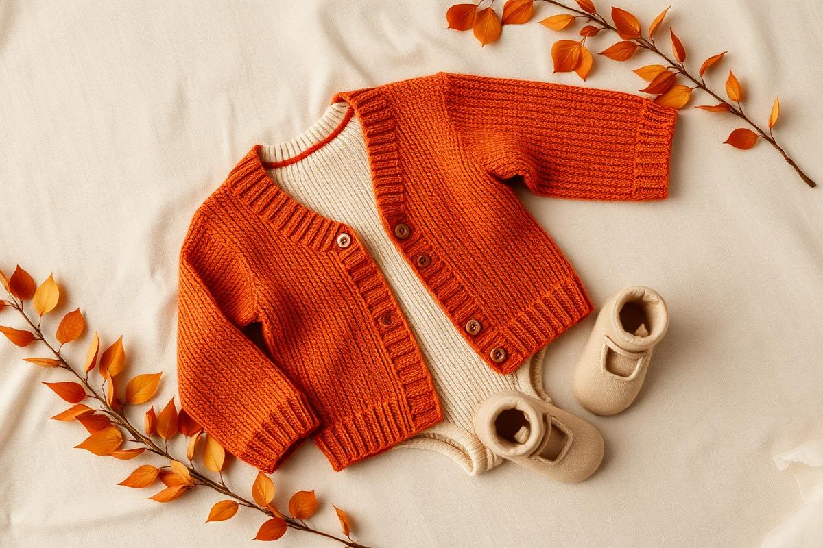 Strikket babycardigan i terracotta med høstløv